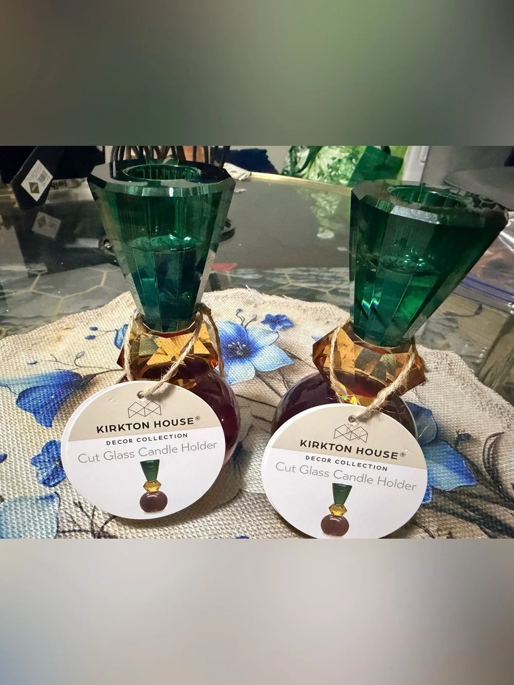 Set of Two Multicolor Glass Bud Vases - Green, Amber & Purple